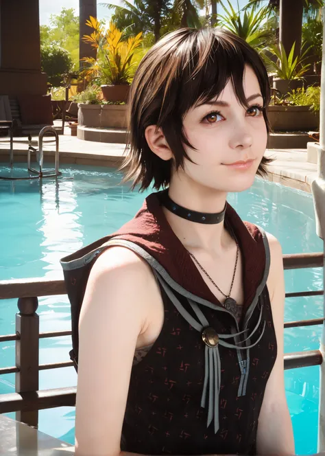 arafed woman with a black top and a necklace near a pool