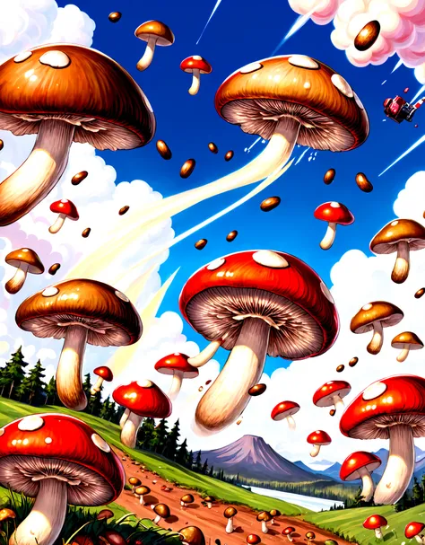 highres,best quality,
An illustration depicting shiitake mushrooms replacing bombs being dropped from the sky instead of a bomber aircraft, with the mushrooms falling peacefully to the ground in a whimsical and light-hearted manner.