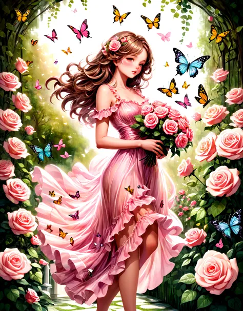 highres,best quality,
Illustration of a delicate and elegant feminine figure with flowing hair, wearing a frilly pastel dress, holding a bouquet of roses, and surrounded by fluttering butterflies in a serene garden setting.