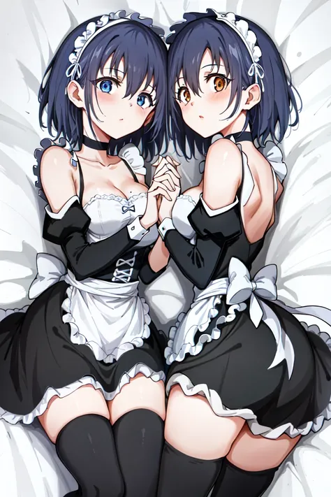 absurdres,,2girls,(brown eyes),blue eyes,maid <lora:Kaede_to_Suzu:1>,side by side,sitting at bed sheet,  zettai ryouiki, <lora:KaedeToSuzu_v10:0.75>