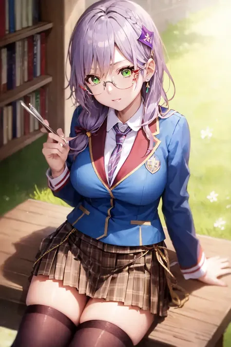 yuki izumi, glasses, green eyes, hair ornament, long hair, pleated skirt, purple hair, school uniform, thighhighs, <lora:yuki_iz...