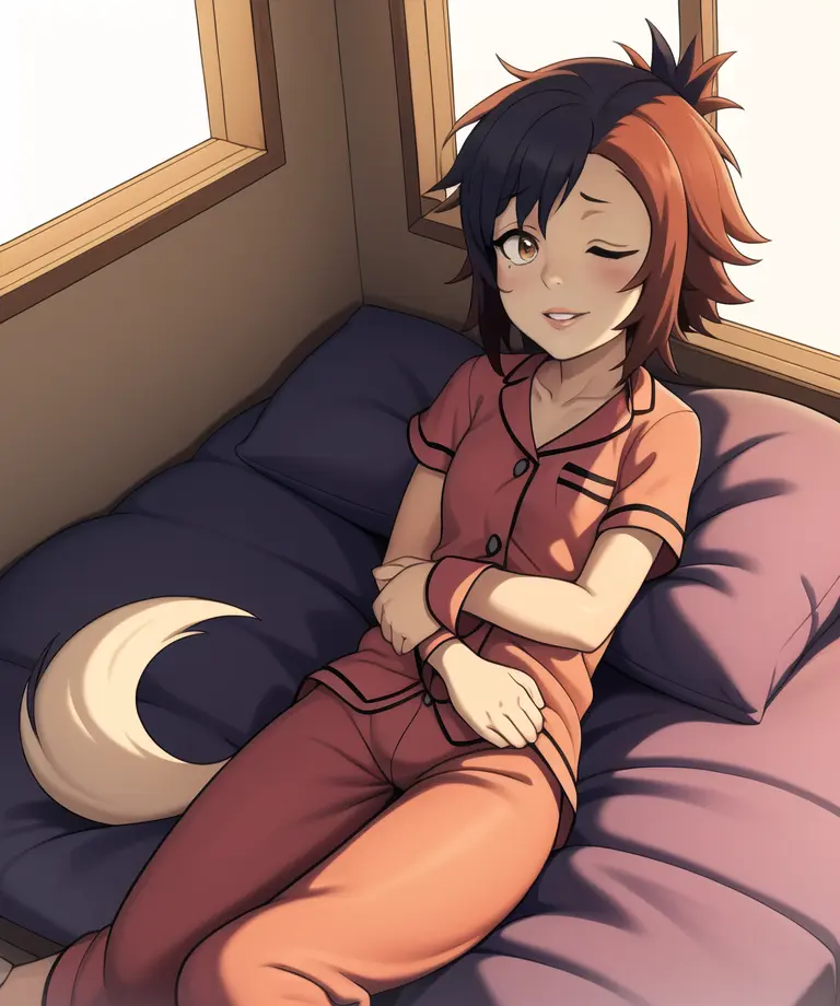 anime girl sitting on a bed with her eyes closed