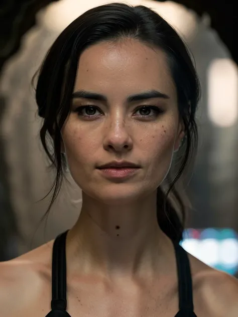 Cinematic film still, full body, of cara gee, seductive look, ((detailed facial features)), (dark cave:1.2), (cold colors), intricate details, shallow depth of field, [volumetric fog], cinematic lighting, reflections, photographed on a Canon EOS R5, 50mm l...