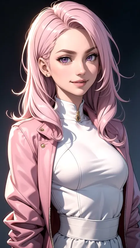 a woman with pink hair and a white shirt is posing