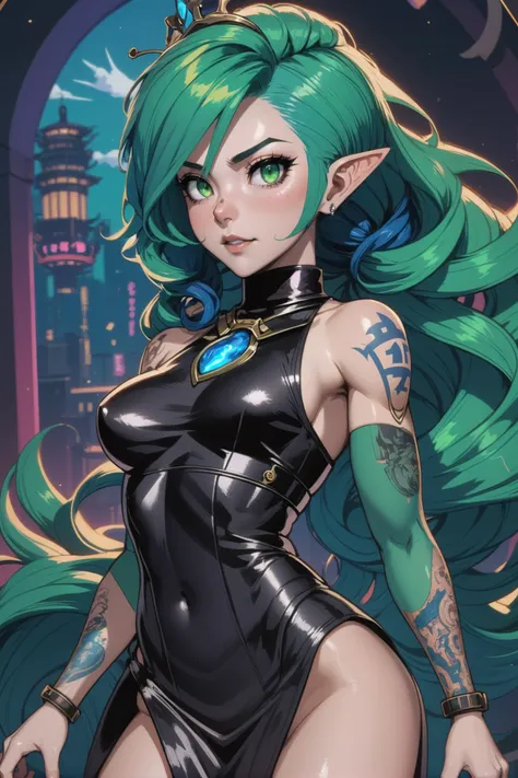 kyotopunk, cyberpunk, anime style, <lora:EnvyKyotopunkXL01:0.5><lora:EnvySendNoodzXL01:0>1girl, woman, warlock queen, wicked witch, (high collar:1),(makeup:1.3),(intricate tattoos:1), bombshell hair, sea green hair with blue-green highlights, Buzz Cut, ath...