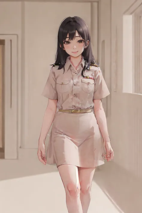 1girl, stand in front of the classroom ,black hair, mid-body, light smile, short sleeve uniform , short skirt, <lora:Thai_female_teacher_uniform:0.8>,