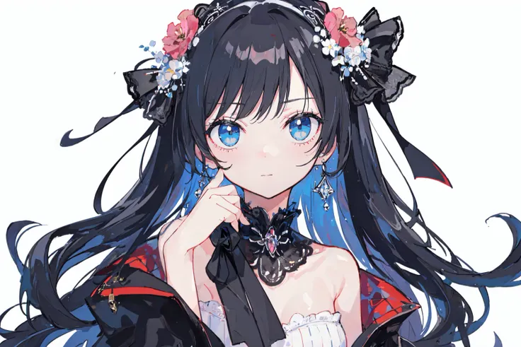 anime girl with long black hair and blue eyes wearing a black dress