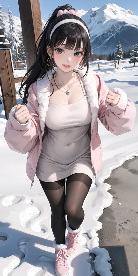 masterpiece,best quality,(from below),(1mature girl),very long hair,black hair,blunt bangs,ponytail,shat, solo, zoom layer, long hair, v, black eyes, jacket, heart, sleeves past wrists, looking at viewer, bangs, white headwear, leg warmers, blush, necklace...