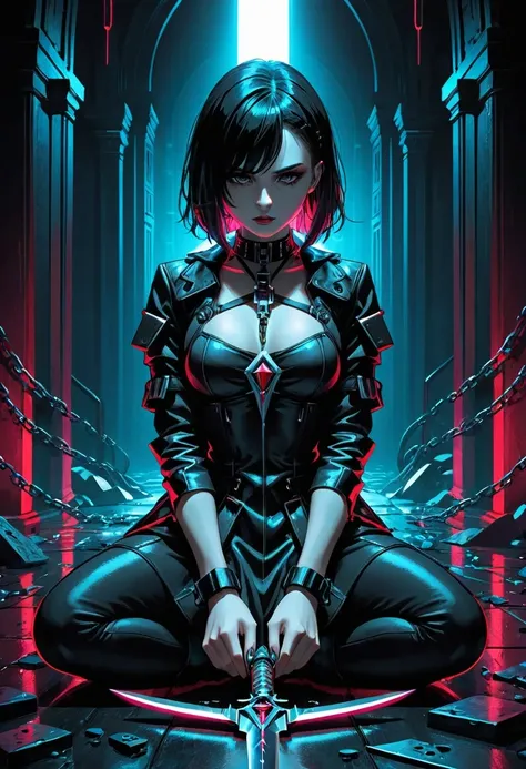 dark cyberpunk illustration of brutal I feel the daggers in the dark, depression, alone, monochrome, pop of colors, extremely detailed, paranoid, mood, you make me fucking sad in a world without hope, ruled by ruthless criminal corporations. best quality, ...