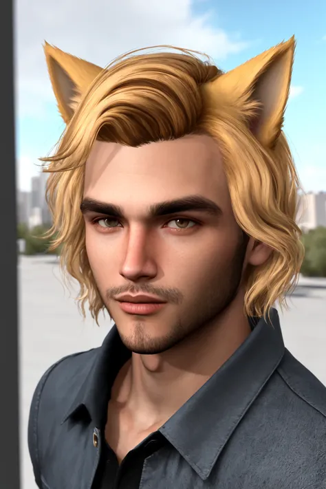 <lora:Phoenix_Montoya-TeST:0.4> Phoenix Montoya, blonde hair, male focus, brown eyes, cat ears, animal ears, day, lips, looking at viewer, first person view, outdoors, sky, solo