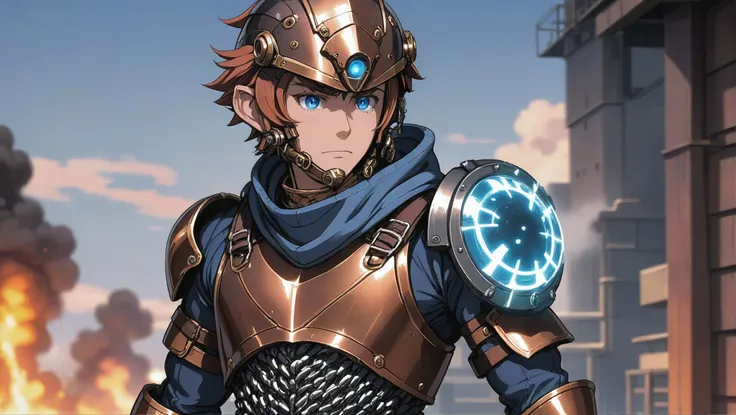 anime background, enraged (full body:1.2), 1boy, man, bishounen, solo, [:epic costume design,:0.2] sorcerer, (steampunk chainmail helmet:1.2), caucasian, glowing sienna hair, (solid:1.1) build, a power station in the country<lora:EnvyBetterHiresFixXL01:0@0...