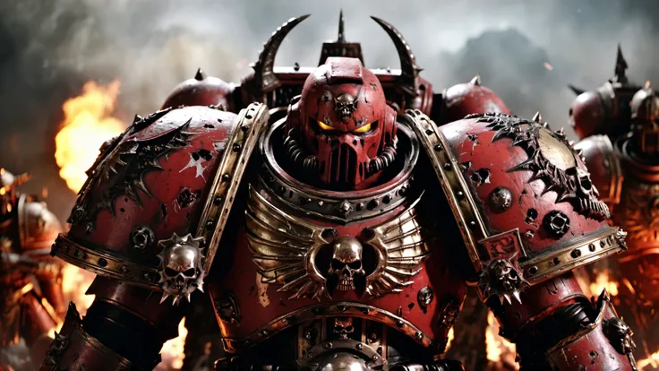 dvd screengrab, from dark fantasy epic film, Warhammer 40k, closeup photo of an angry man, Khorne Berzerkers, world eaters legion, helmet, highly detailed armor, Chaos Space Marines armor, wearing heavy bulky big red armor, 8k uhd, dslr, soft lighting, hig...