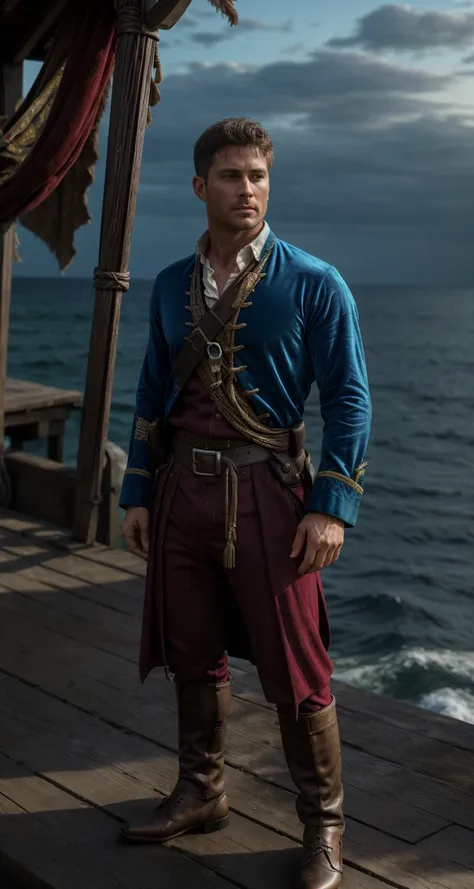 a man in a pirate costume standing on a dock next to the ocean