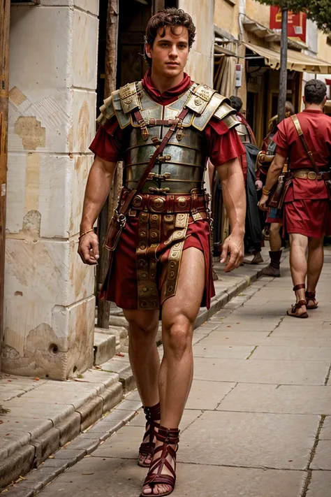 arafed man in roman armor walking down a street