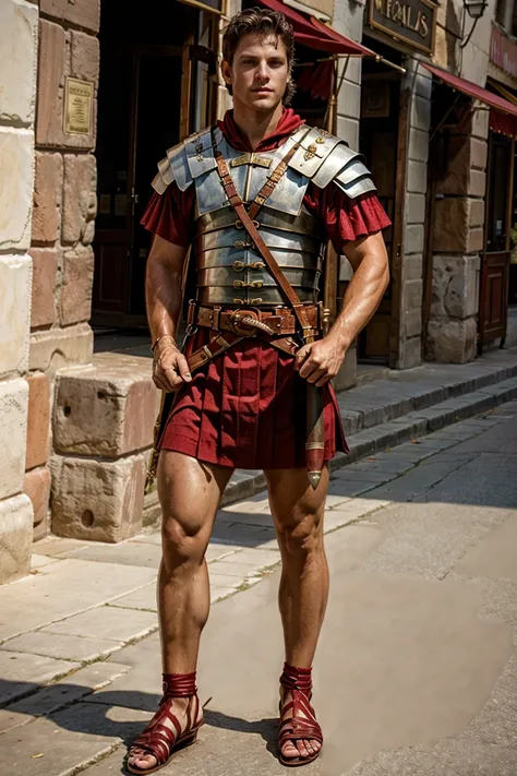 arafed man in roman armor standing on a street corner