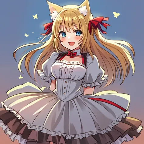 1girl, solo, catgirl, cat ears, :D, white dress, blonde hair, blue eyes, blue sky