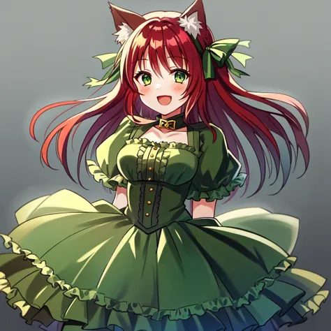 1girl, solo, catgirl, cat ears, :D, red hair, green eyes, green dress