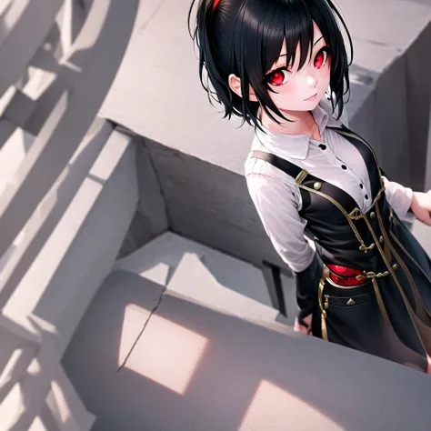 1girl, black hair, from above, red eyes