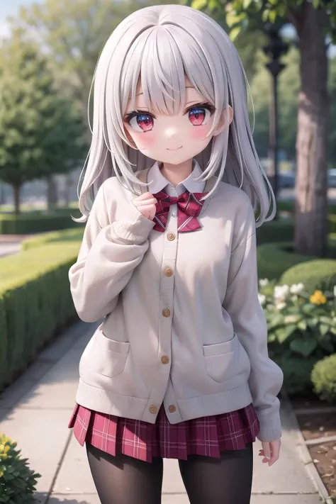 anime girl with long gray hair and a bow tie posing for a picture