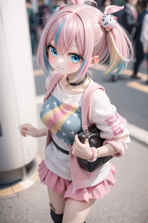 a close up of a person with a pink hair and a bag