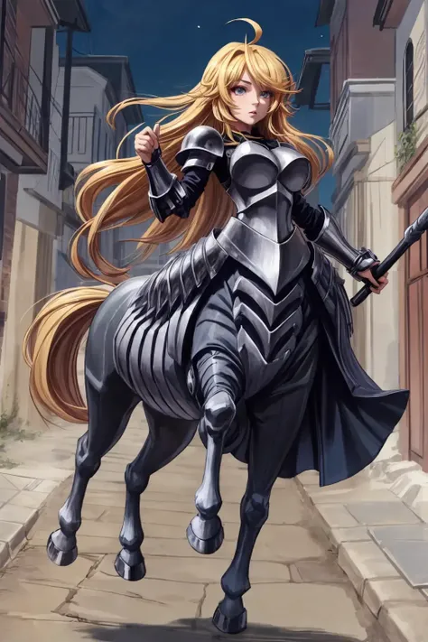 Beautiful Lighting, (1girl:blonde hair, absurdly long hair, ahoge), (real skin), <lora:l - L| :1.3>,
(outdoors:1.3), (alley:1.2), 
 <lora:centaur_cpt_v01:1>, centaurcpt, armor,