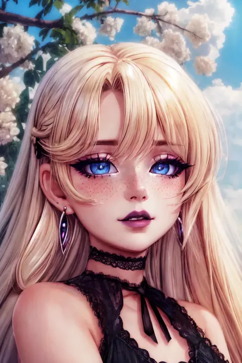 (detailed eyes:1.3), Beautiful Lighting, (1girl:blue  eyes, blonde hair, absurdly long hair), (real skin), <lora:l - L| :1>, <lora:y:1>, (outdoors:1.3),
dynamic angle,
<lora:3g1rlmak3up:0.6>, 3g1rlmak3up, eyeliner, nose freckles, black lipstick, (face onl...