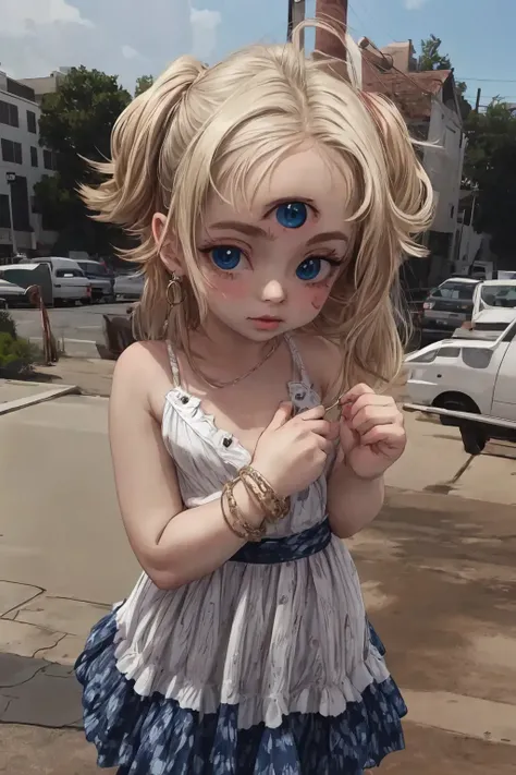 (AS-YoungestV2:1.3), (detailed eyes:1.3), Beautiful Lighting, (1girl:(Thick thighs:0.8), blue  eyes, blonde hair, absurdly long hair, ahoge), (real skin), <lora:l - L| :1>,
(outdoors:1.3), alley, ((upper body, face and shoulder portait)), 
sundress, tan w...