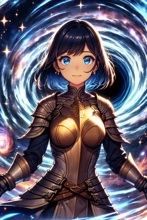 (((wormhole,galaxy,sparkle,glowing))),  ((night sky)), field of large colorful flowers,  
seductive smile, 1girl, upper body, breastplate, silver armored dress, shoulder armor, circlet, gauntlets, short hair, straight hair,  <lyco:inWormhole:0.7>    <lora:...