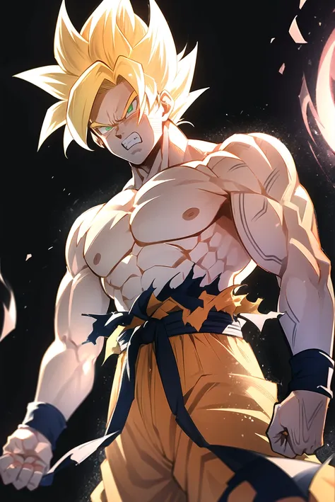 son goku, 1boy, angry, battle damage, blonde hair, blue sash, clenched teeth, furious, green eyes, male focus, muscular, muscula...