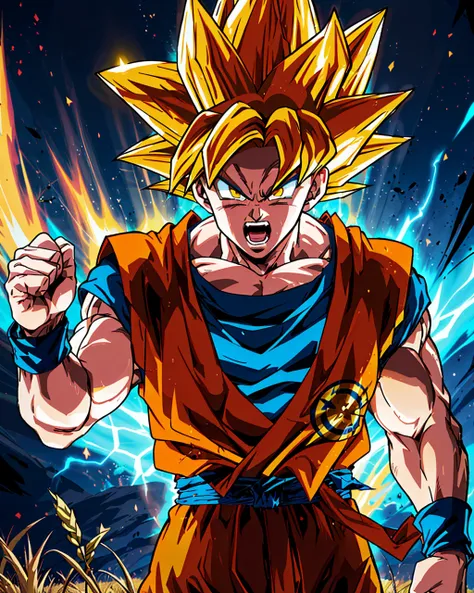 <lora:songokudragonballzsuper_v10:.8>, anime, son goku, 1boy, glowing eyes, yellow hair, blue wristband, dougi, muscular, mouth ...