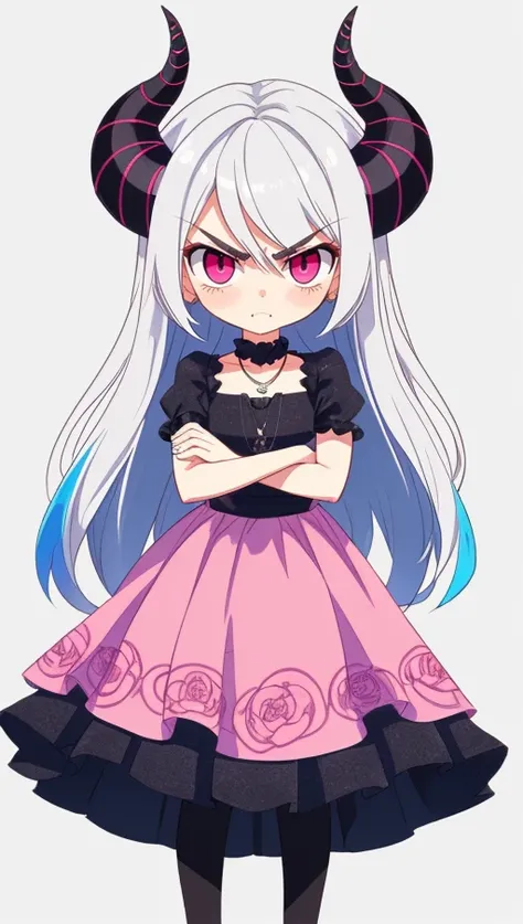 female, gown, pink dress, layered clothing, necklace, solo, horns, black sclera, pink eyes, demon, (chibi:1.1), blue hair, white hair, long hair, crossed arms, pouting, angry, cute, tiny, embroidery, multi multicolored hair, multicolored dress
 Made with O...