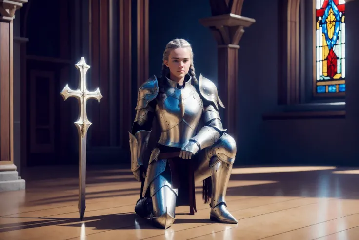 cinematic shot of 1 beautiful young female paladin, (single Leg Kneeling) , raising her shield,  silver hair, braids hair style,    PLD_armor,  close up view,
dark church, multiple color spotlights,  stained glass window, 
 masterpiece, (photorealistic:1.3...