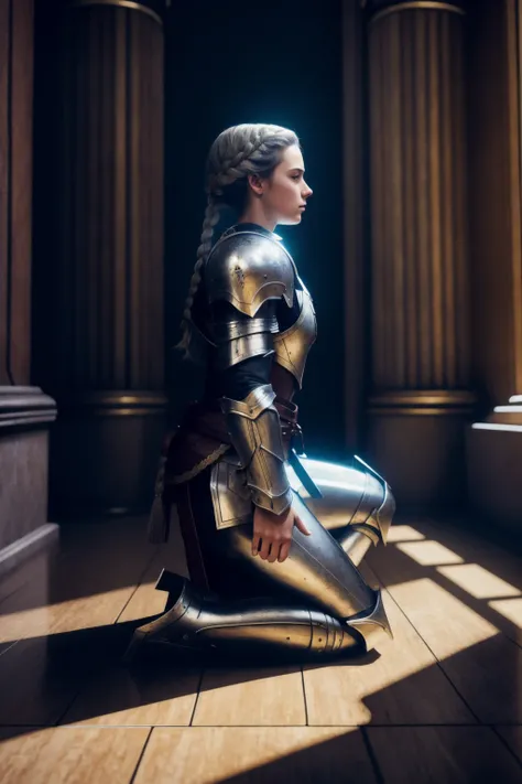 cinematic shot of 1 beautiful young female paladin, (one leg kneeling) ,  praying to statue,  silver hair, braids hair style,    PLD_armor,  close up, side view
dark church, dark room, dim light, holy light, multiple color lighting,  stained glass window, ...