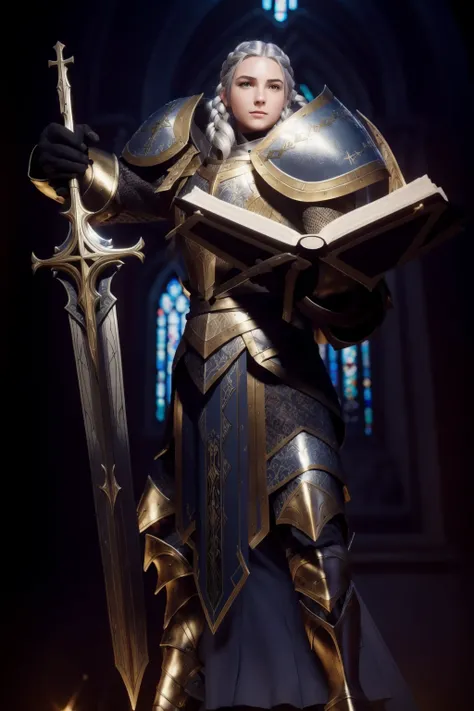 cinematic shot of 1 beautiful young female paladin,   silver hair, braids hair style,    holding bible, PLD_armor,  close up view,
dark church, multiple color spotlights,  stained glass window, 
 masterpiece, (photorealistic:1.3), high frequency details, 8...