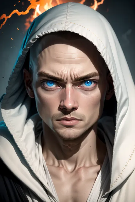 masterpiece, best quality, 1boy, szeth, solo, closeup, hood, bald, azur eyes, azur flaming eyes, robe, azur energy, male focus,  fantasy <lora:Szeth:1>