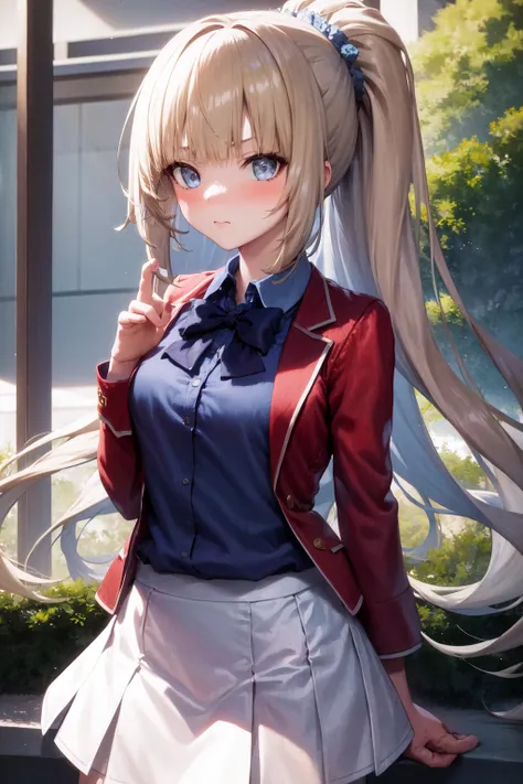 masterpiece, best quality, highres, 1girl, kei karuizawa, blue shirt, white skirt, jacket, red jacket <lora:kei_karuizawa_final:1> standing, upper body