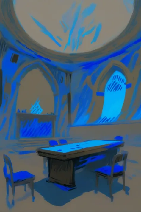 lineart, blue oil pastel sketch on simple background, anime style, epic fantasy, council chamber \(room\) in a beautiful scifi h...