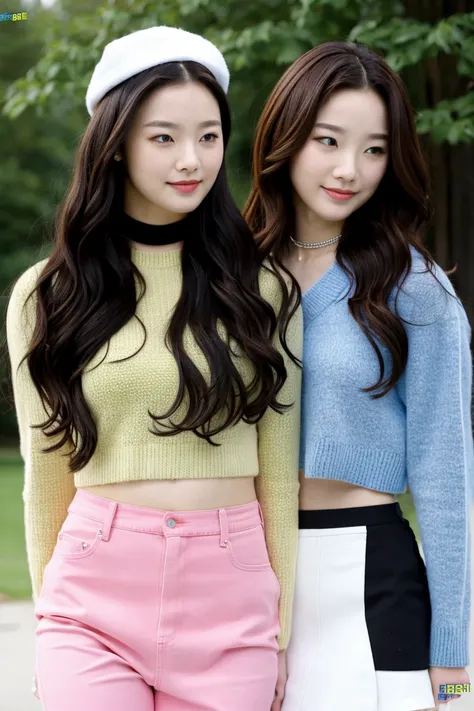 two young women standing next to each other in front of trees