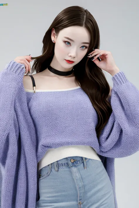 a woman wearing a purple sweater and jeans posing for a picture