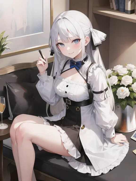 masterpiece, best quality, 1girl, white hair, smiling, looking at viewer, adult, fully mature, holding flower