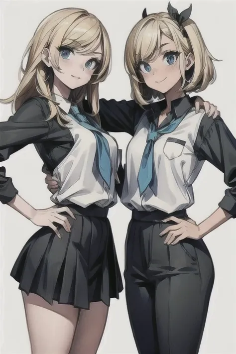 two anime girls in school uniforms posing for a picture