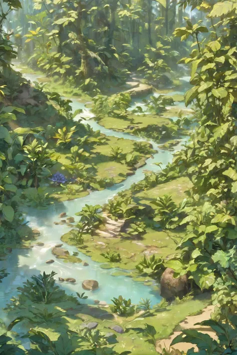 painting of a river running through a lush green forest filled with trees