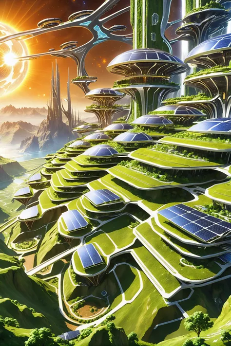 a futuristic city with a solar panel on top of it