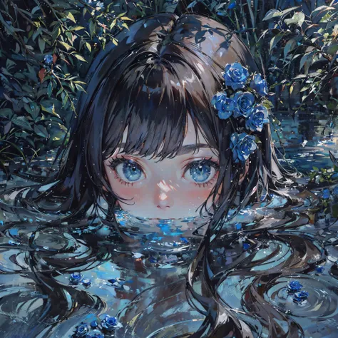 anime girl in the water with blue flowers in her hair