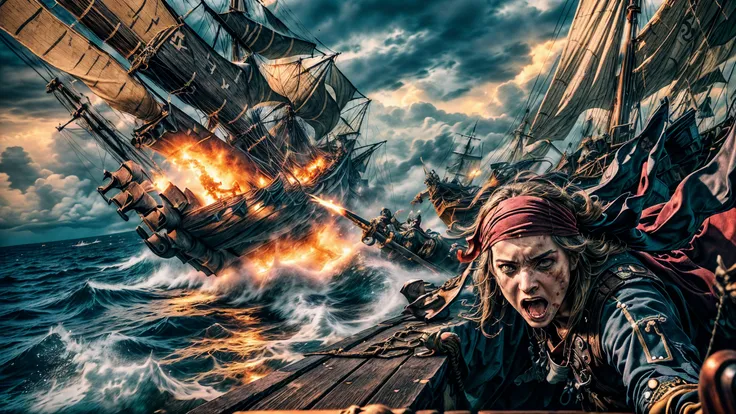 (Epic_Battle_Scene:1.5), (Pirates_Clash_on_Weathered_Deck:1.4), (Swords_Sparking_Under_Burning_Sun:1.5), (Intense_Facial_Expressions_of_Conflict_and_Determination:1.4), (Tattered_Pirate_Flags_Waving_Furiously:1.3), (Guns_Firing_and_Cannons_Exploding:1.5), ...