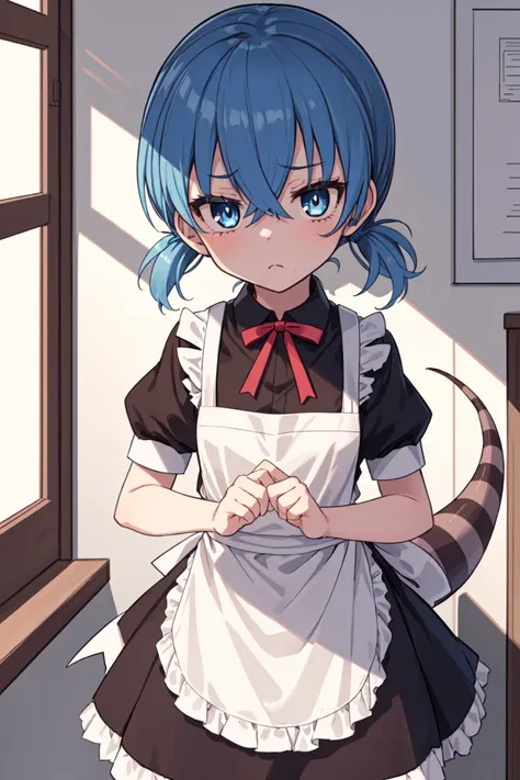 a close up of a person in a maid outfit near a window