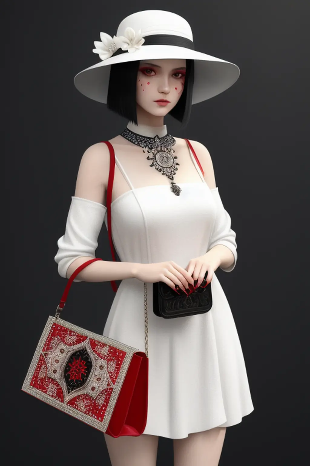 ired girl with a red-eyed long black bob, detailed eyes, detailed face, wearing a white dress and hat, holding an intricate design bag. digital art, fantasy concept art, 4k,