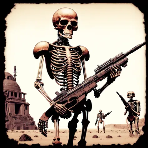 photo, a drawing of a skeleton holding a machine gun (martianwarlord style:1) <lora:djzmartianwarlordv21:0.8>