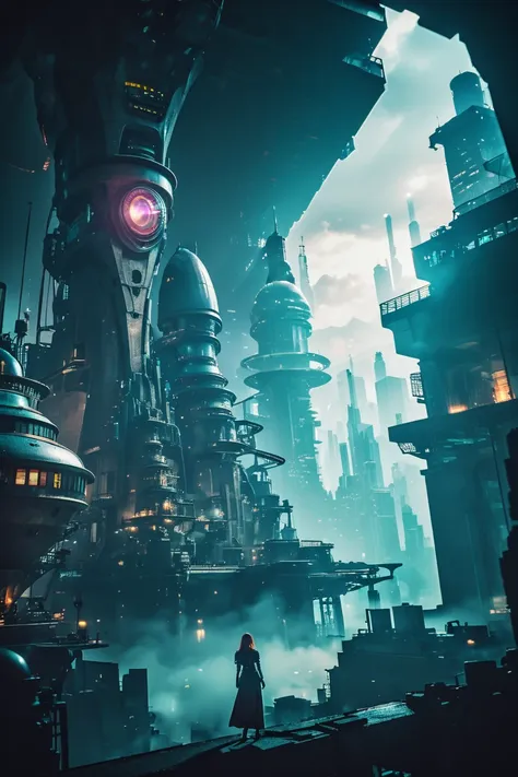 a woman standing in front of a futuristic city with a giant robot