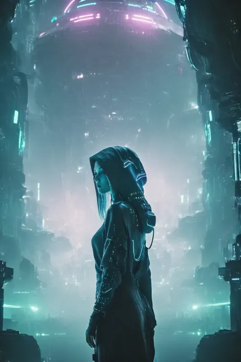 a woman in a futuristic city with a futuristic spaceship in the background